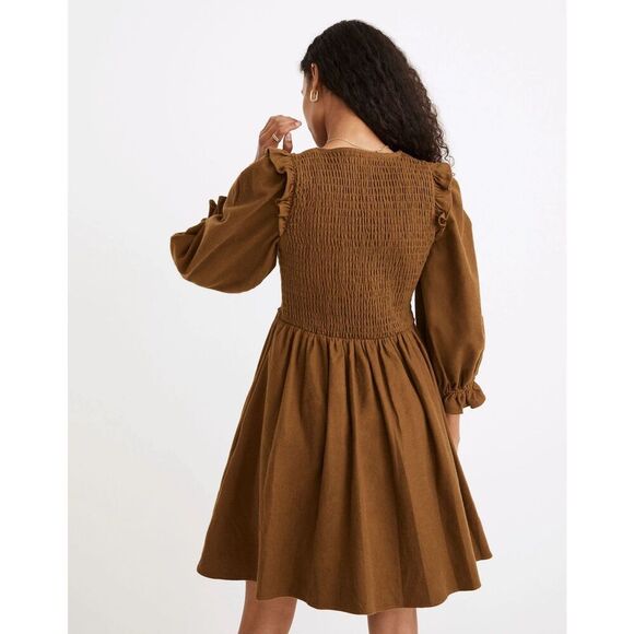 Madewell Women's Flannel Lucie V-Neck Smocked Mini Dress Size Small Olive Color - Picture 2 of 10
